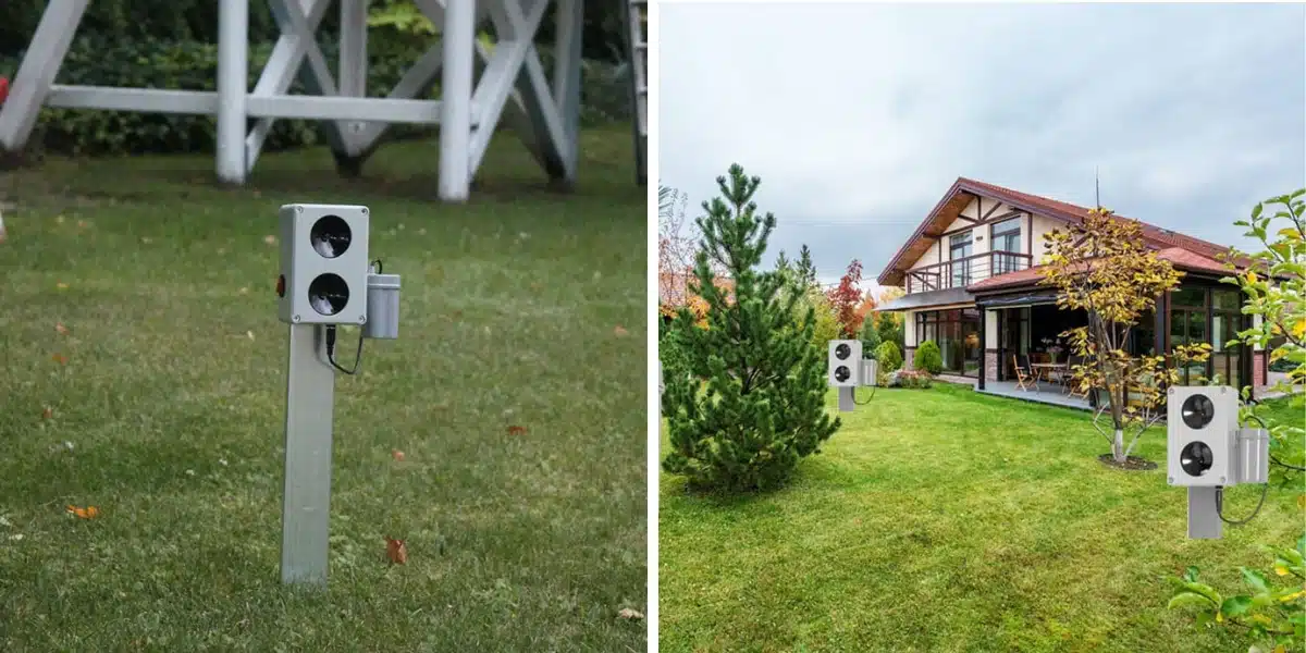 DRAGON ULTRASONIC CH200 – ultrazvukový plašič v záhrade pri rodinnom dome, ukážka inštalácie na tyči