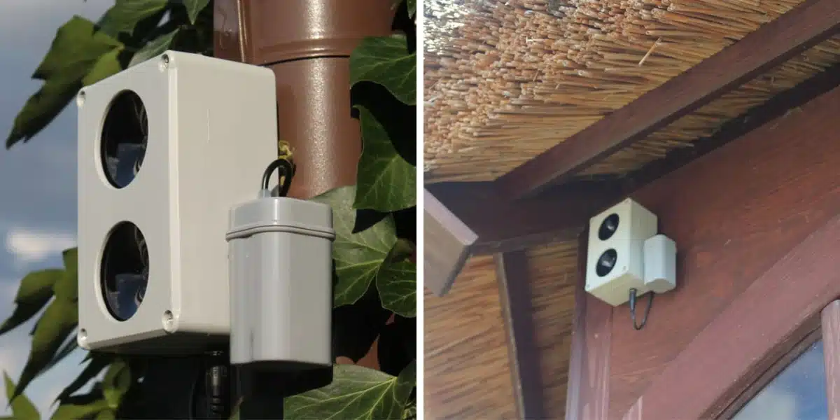 Vodotesný ultrazvukový plašič DRAGON CH200 pripevnený na dažďovom odkvape a pod strechou domu