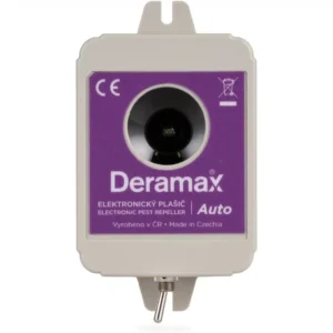 Český ultrazvukový odpudzovač kún a hlodavcov Deramax-Auto s montážnymi úchytmi a napájaním na 9V batériu.