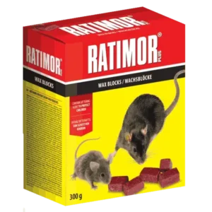 Parafínové bloky RATIMOR PLUS 300g na deratizáciu vo vlhkom prostredí.