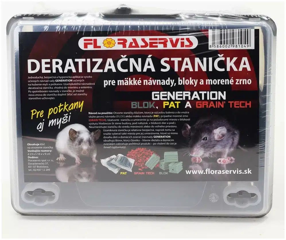 Robustná uzamykateľná plastová deratizačná stanička Floraservis určená na hubenie potkanov a potkanov.