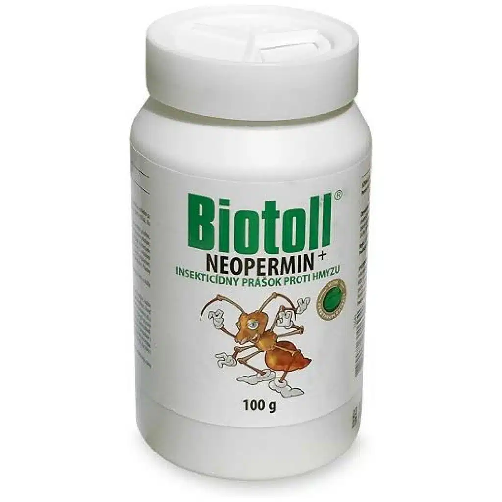 Balenie 100g prášku Biotoll Neopermin+ proti mravcom a lezúcemu hmyzu.