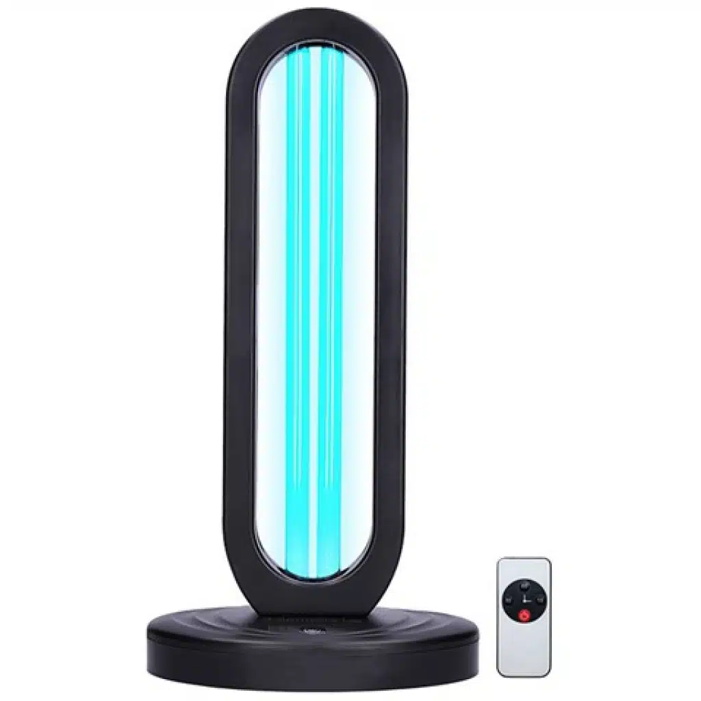 Germicidná UV lampa Solight s kvalitným čiernym rámom a jasným modrým UV svetlom určeným na dezinfekciu interiérových priestorov. Lampa je vybavená okrúhlou základňou a diaľkovým ovládačom pre jednoduché ovládanie na diaľku.