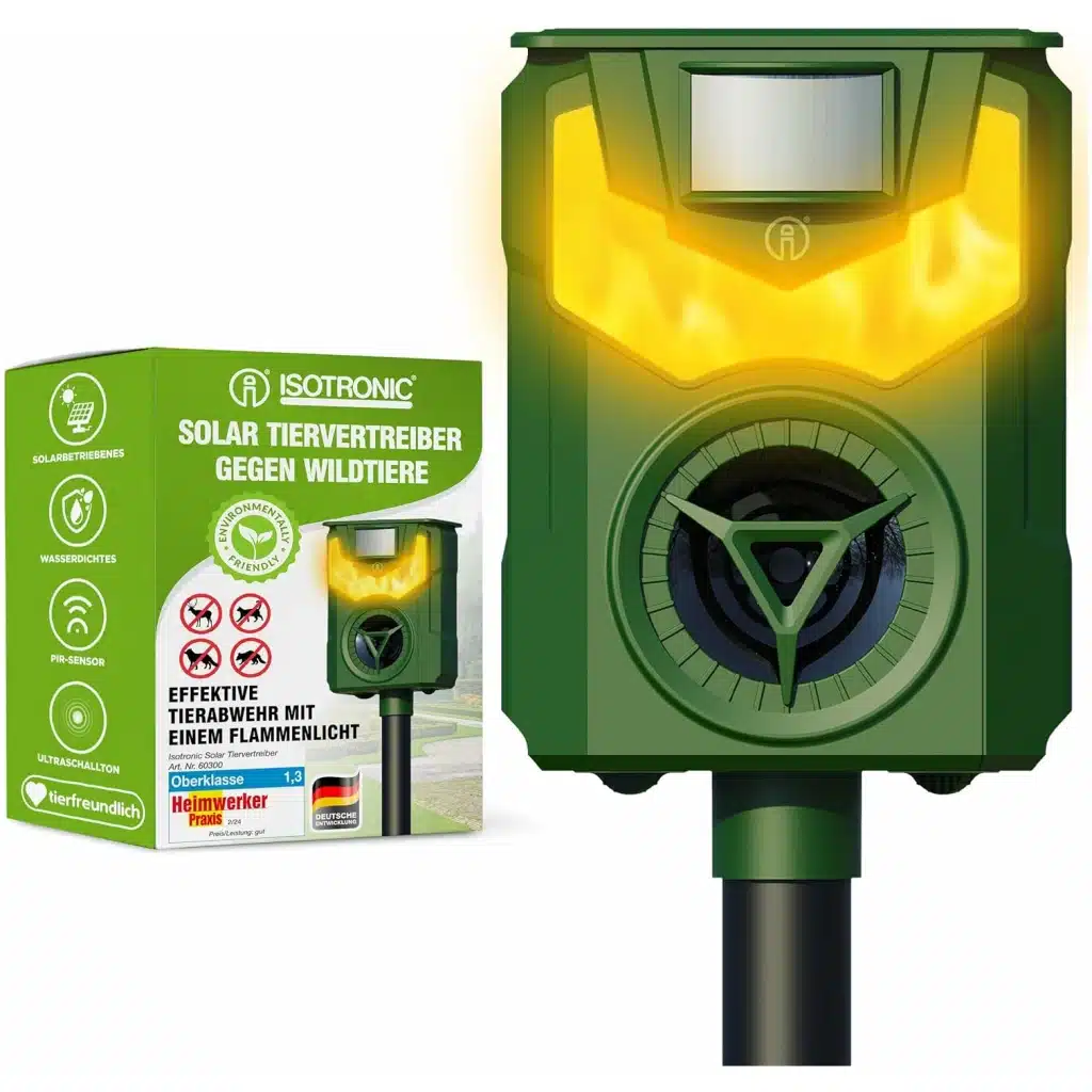 Solárny odpudzovač zvierat ISOTRONIC 60300 s ultrazvukom a svetlom proti divej zveri, psom a mačkám.